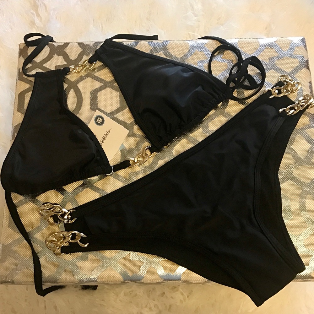 NWT XL Black bikini with sexy gold chain detail